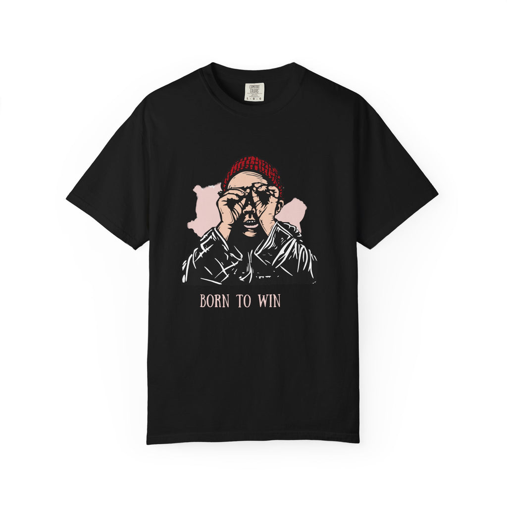 T-Shirt — 'Born to Win' Retro Beanie Portrait Graphic