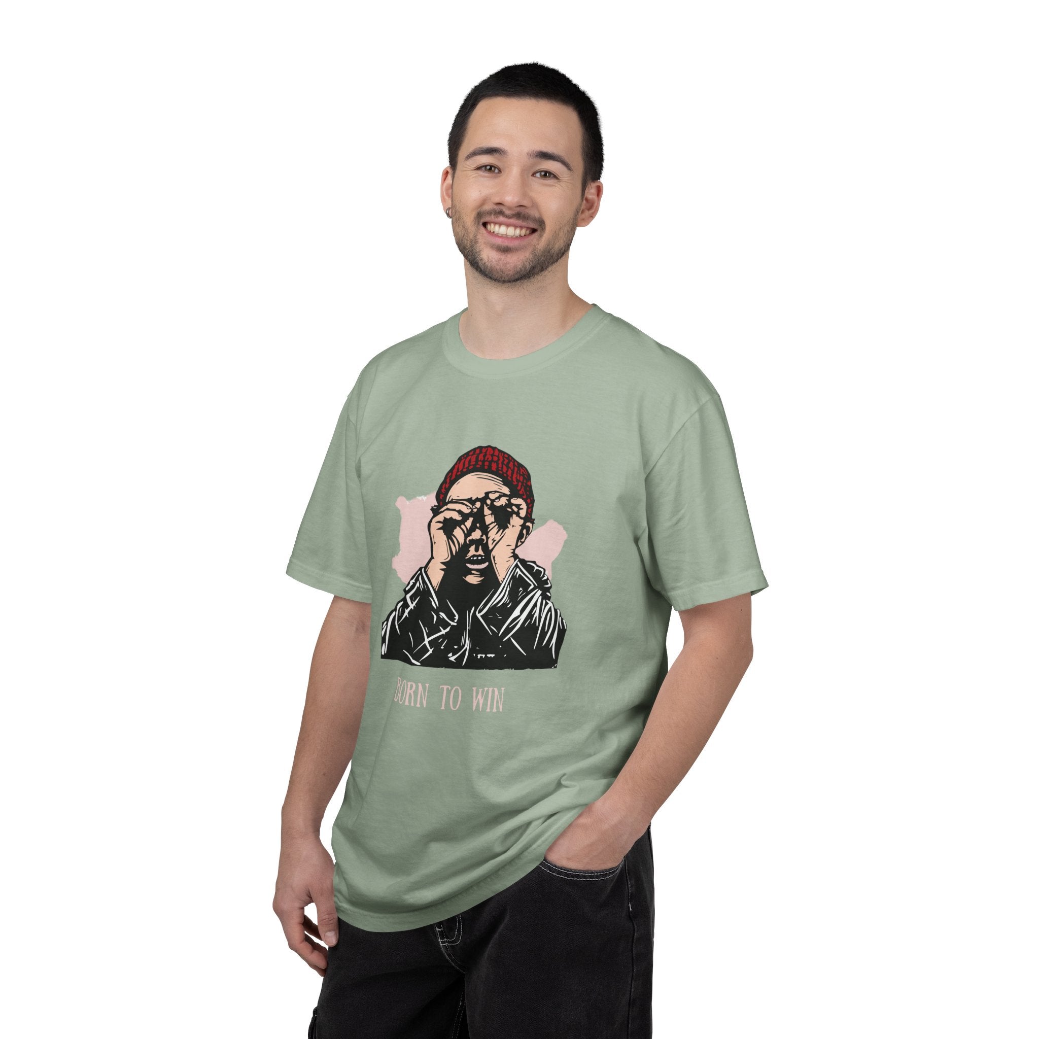 T-Shirt — 'Born to Win' Retro Beanie Portrait Graphic